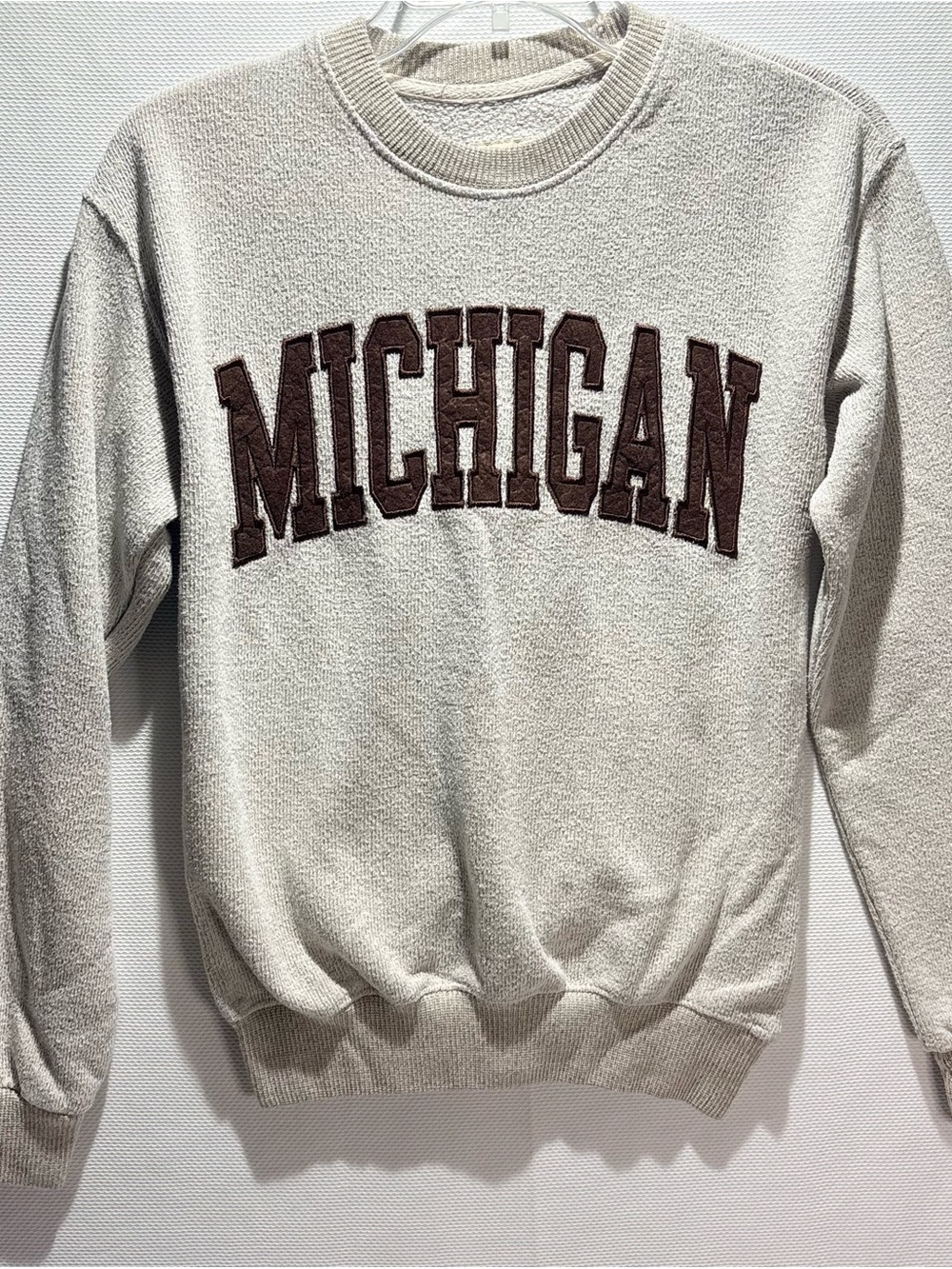 Cream Crewneck Sweatshirt with Brown Chenille 'MICHIGAN' Lettering